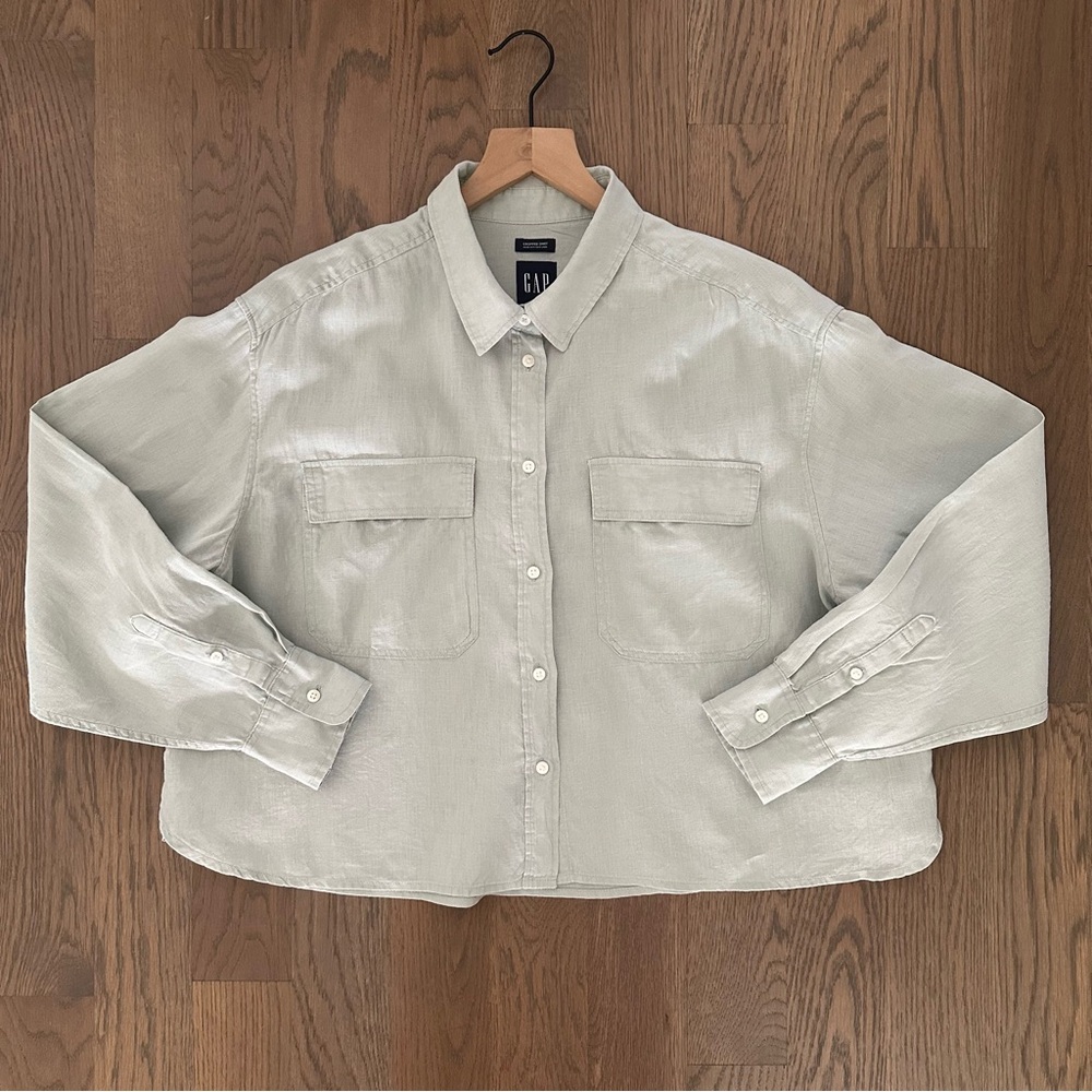 Gap 100% Linen Cropped Button Up Long Sleeve Shirt in Frothy Aqua Size Large